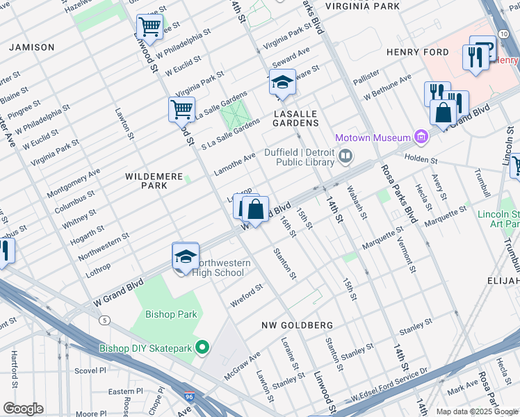 map of restaurants, bars, coffee shops, grocery stores, and more near 2353 West Grand Boulevard in Detroit