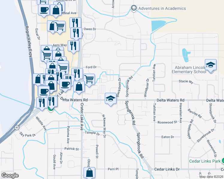 map of restaurants, bars, coffee shops, grocery stores, and more near 2250 Smokethorn Way in Medford