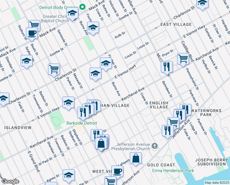 map of restaurants, bars, coffee shops, grocery stores, and more near 2165 Burns Avenue in Detroit