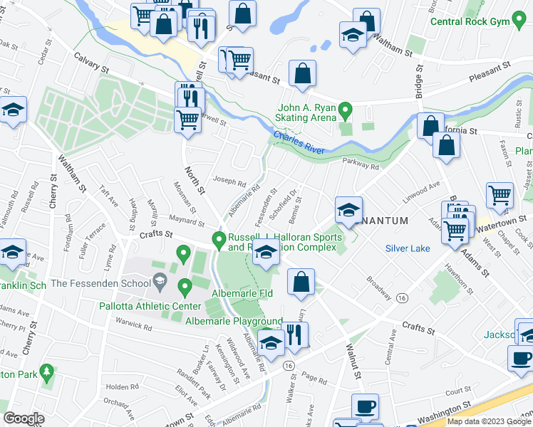 map of restaurants, bars, coffee shops, grocery stores, and more near 51 Fessenden Street in Newton