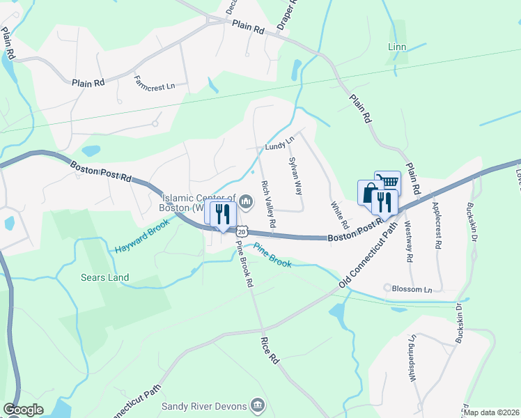 map of restaurants, bars, coffee shops, grocery stores, and more near 10 Rich Valley Road in Wayland