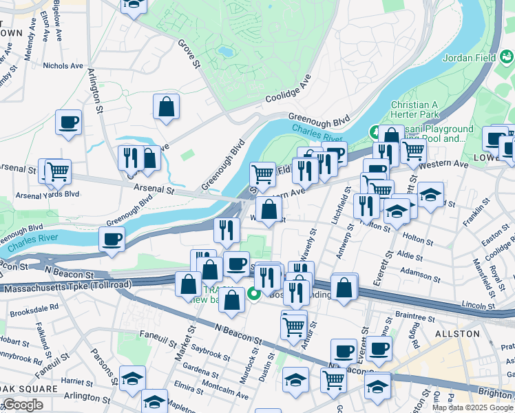 map of restaurants, bars, coffee shops, grocery stores, and more near 516-522 Western Avenue in Boston
