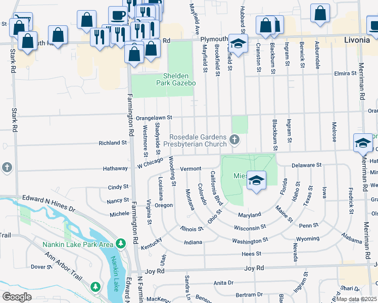 map of restaurants, bars, coffee shops, grocery stores, and more near 32710 West Chicago in Livonia