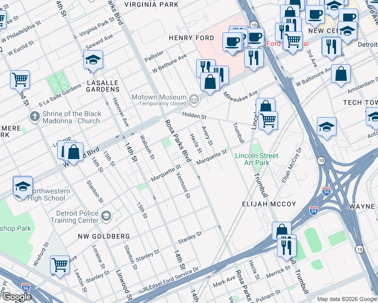 map of restaurants, bars, coffee shops, grocery stores, and more near 6185 Rosa Parks Boulevard in Detroit