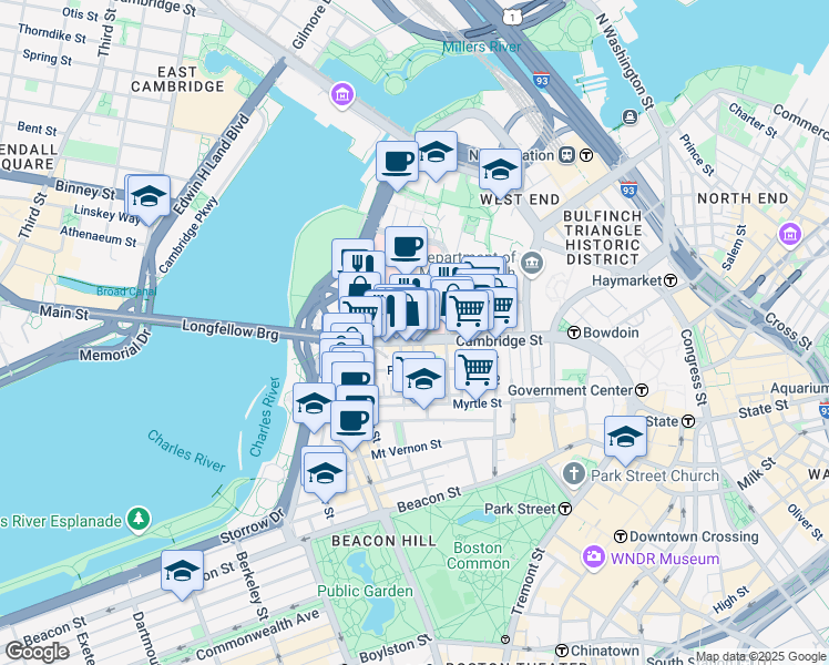 map of restaurants, bars, coffee shops, grocery stores, and more near 275 Cambridge Street in Boston