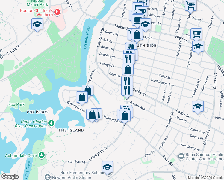 map of restaurants, bars, coffee shops, grocery stores, and more near 17 Norumbega Terrace in Waltham
