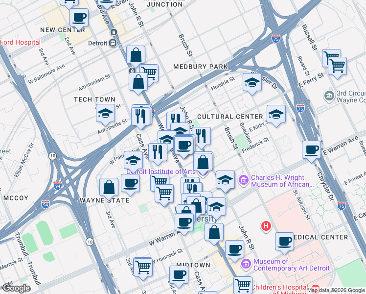 map of restaurants, bars, coffee shops, grocery stores, and more near 100 East Ferry Avenue in Detroit