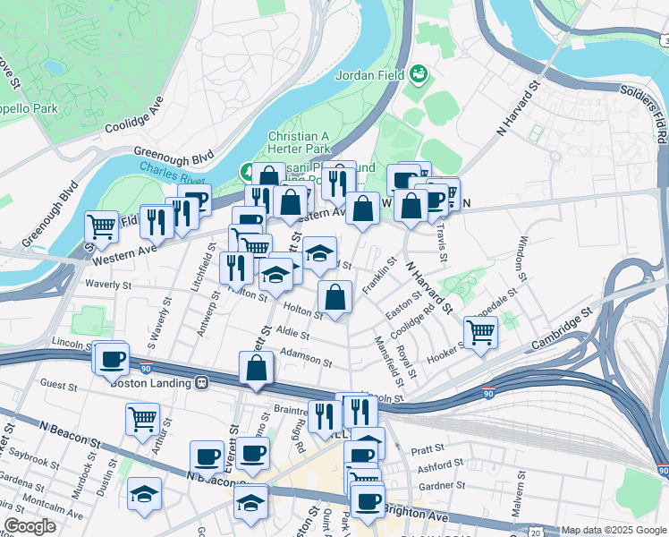 map of restaurants, bars, coffee shops, grocery stores, and more near 17 Raymond Street in Boston