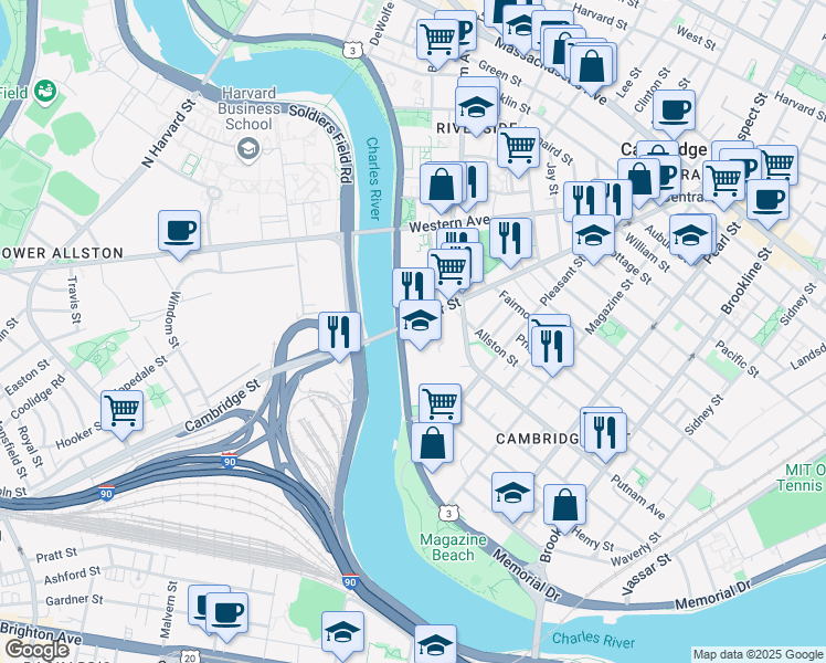map of restaurants, bars, coffee shops, grocery stores, and more near 374 River Street in Cambridge