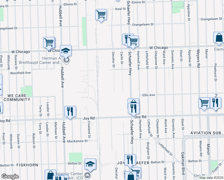 map of restaurants, bars, coffee shops, grocery stores, and more near 9139 Decatur Street in Detroit