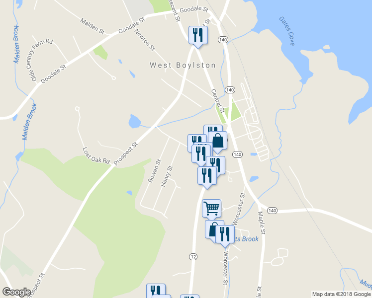 map of restaurants, bars, coffee shops, grocery stores, and more near 57 Franklin Street in West Boylston