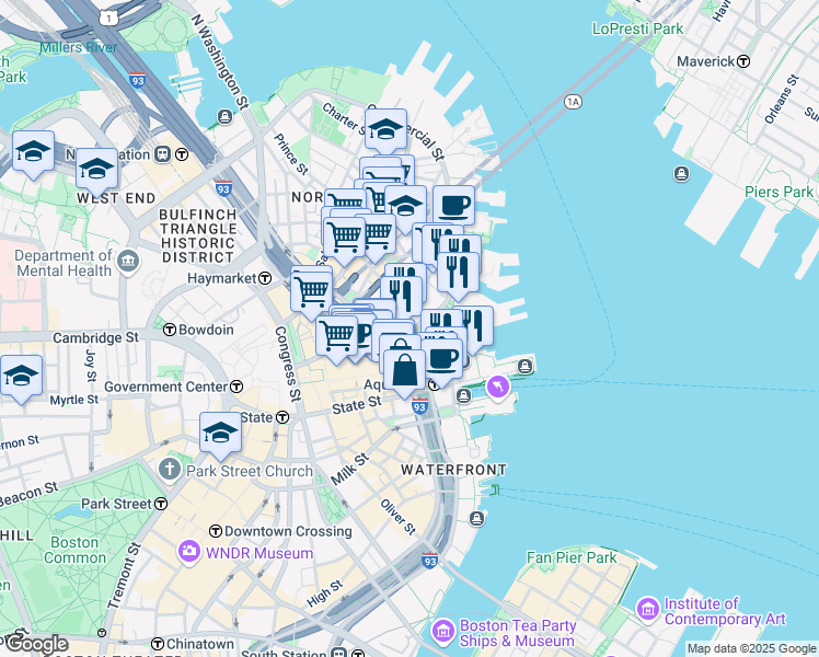 map of restaurants, bars, coffee shops, grocery stores, and more near 102 Atlantic Avenue in Boston