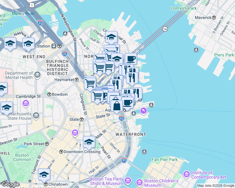 map of restaurants, bars, coffee shops, grocery stores, and more near 100 Atlantic Avenue in Boston