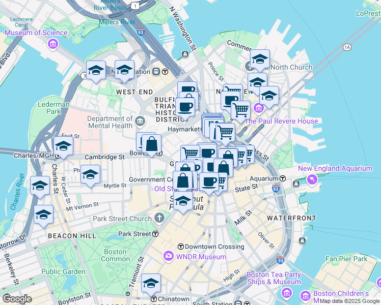 map of restaurants, bars, coffee shops, grocery stores, and more near 25 Sudbury Street in Boston