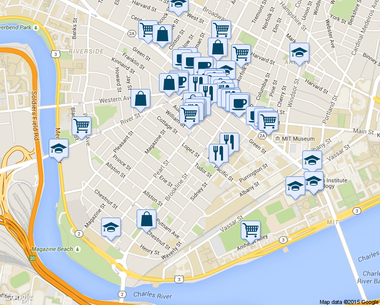map of restaurants, bars, coffee shops, grocery stores, and more near 15 Lopez Street in Cambridge
