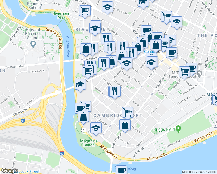 map of restaurants, bars, coffee shops, grocery stores, and more near 25 Fairmont Street in Cambridge