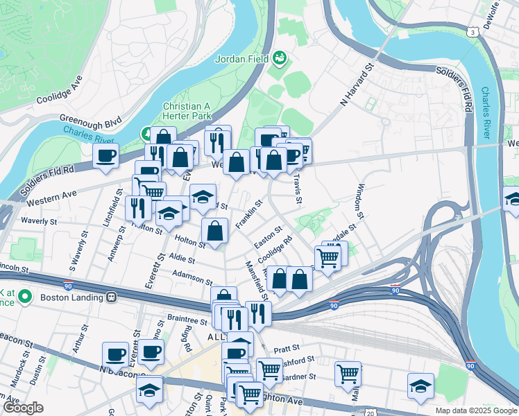 map of restaurants, bars, coffee shops, grocery stores, and more near 158-160 Franklin Street in Boston