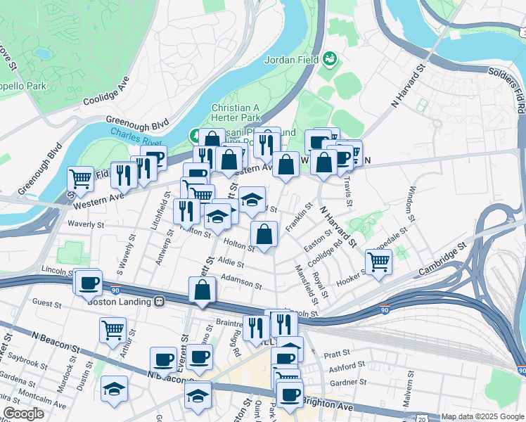 map of restaurants, bars, coffee shops, grocery stores, and more near 17 Raymond Street in Boston