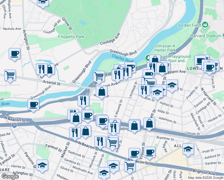 map of restaurants, bars, coffee shops, grocery stores, and more near in Boston