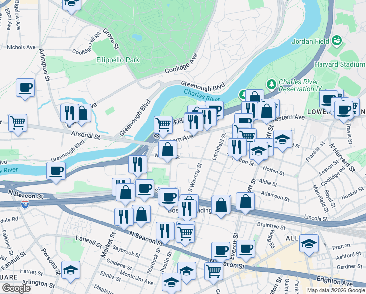 map of restaurants, bars, coffee shops, grocery stores, and more near in Boston