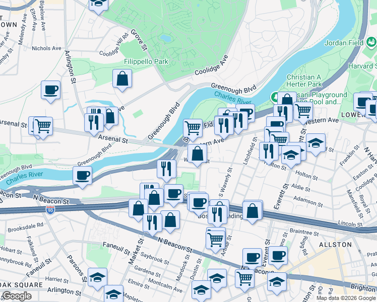 map of restaurants, bars, coffee shops, grocery stores, and more near 516-522 Western Avenue in Boston