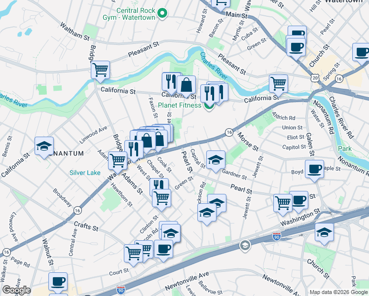 map of restaurants, bars, coffee shops, grocery stores, and more near 4 Capital Street in Newton