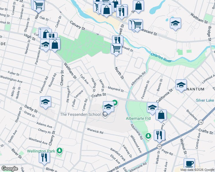 map of restaurants, bars, coffee shops, grocery stores, and more near 69 Maynard Street in Newton