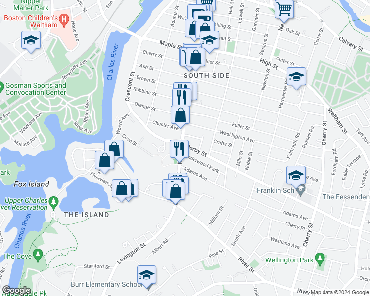 map of restaurants, bars, coffee shops, grocery stores, and more near in Waltham