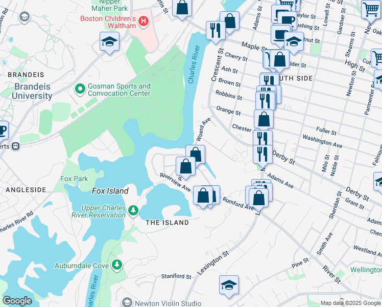 map of restaurants, bars, coffee shops, grocery stores, and more near 91 Woerd Avenue in Waltham