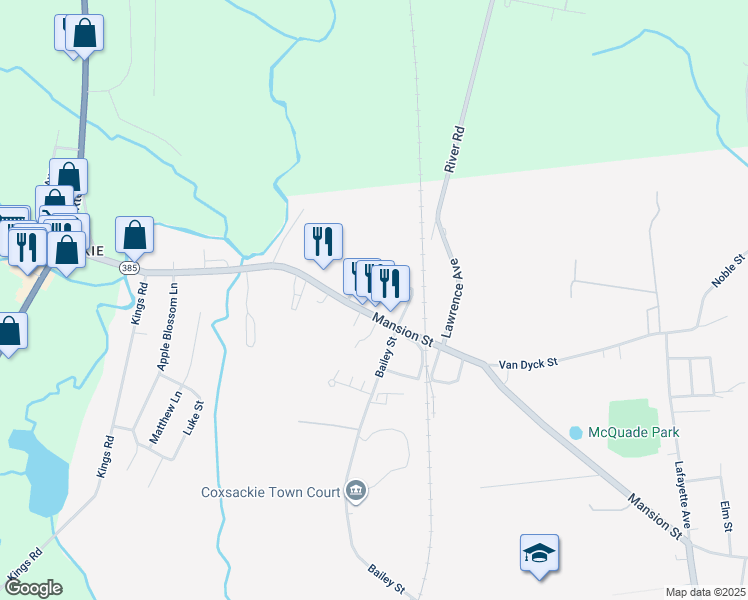 map of restaurants, bars, coffee shops, grocery stores, and more near 233 Mansion Street in Coxsackie
