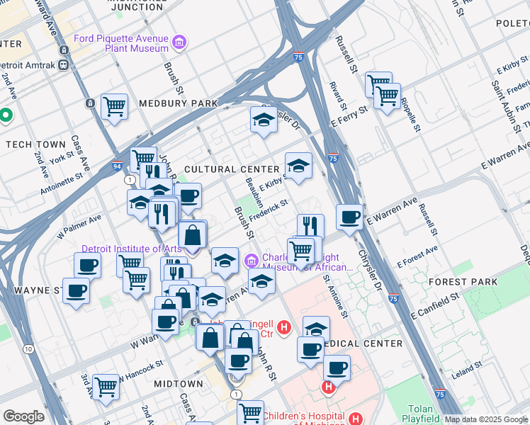 map of restaurants, bars, coffee shops, grocery stores, and more near 550 Frederick Street in Detroit