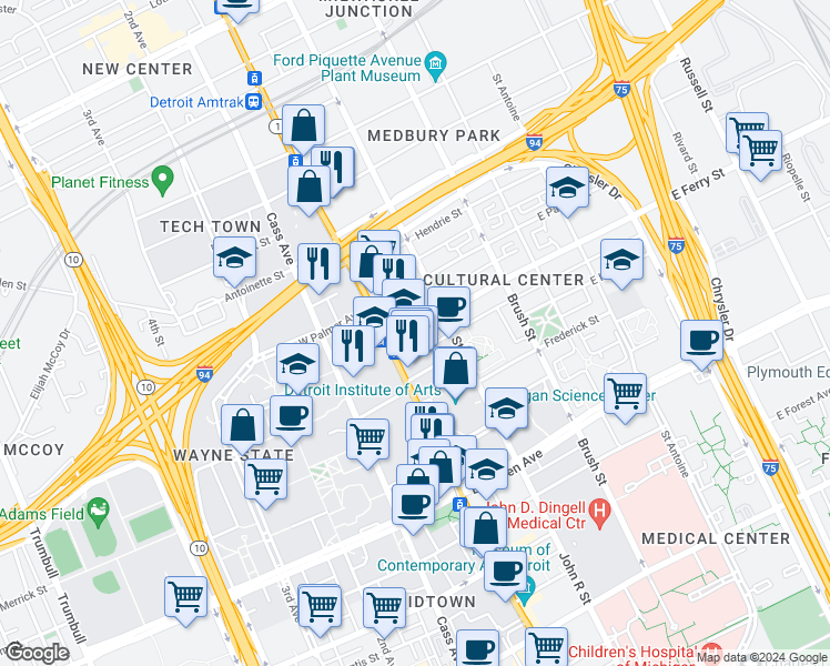 map of restaurants, bars, coffee shops, grocery stores, and more near 84 East Ferry Street in Detroit
