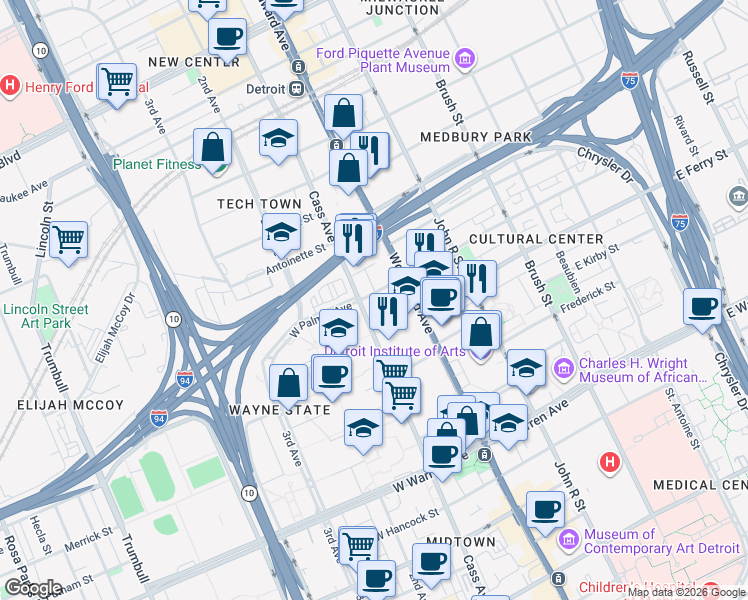 map of restaurants, bars, coffee shops, grocery stores, and more near 51 West Palmer Avenue in Detroit