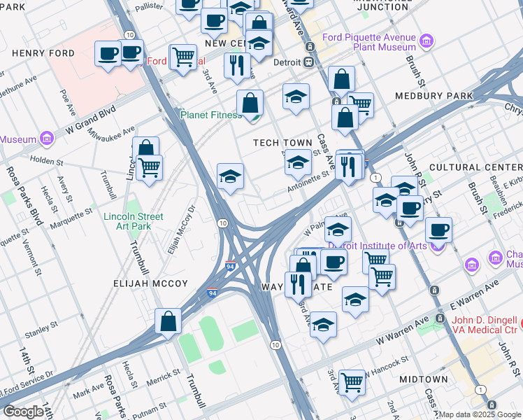 map of restaurants, bars, coffee shops, grocery stores, and more near 5880 4th Street in Detroit