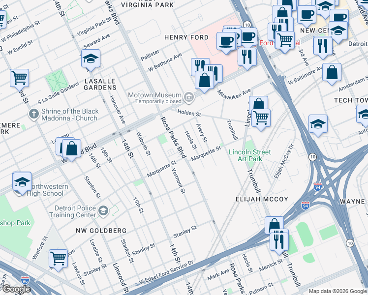 map of restaurants, bars, coffee shops, grocery stores, and more near 6185 Rosa Parks Boulevard in Detroit