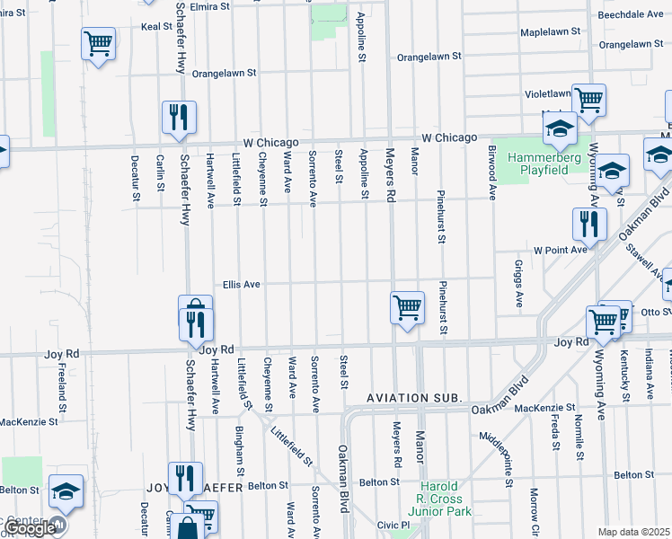 map of restaurants, bars, coffee shops, grocery stores, and more near 9131 Steel Street in Detroit