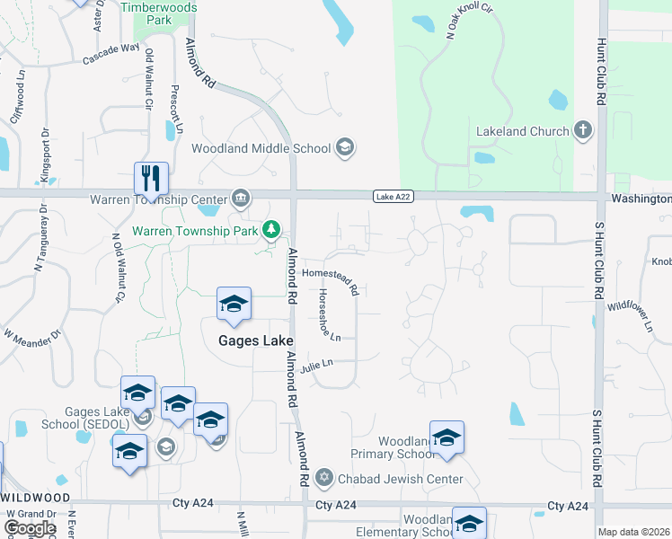 map of restaurants, bars, coffee shops, grocery stores, and more near 34317 Homestead Road in Gurnee