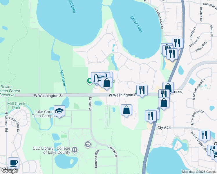 map of restaurants, bars, coffee shops, grocery stores, and more near 1162 East Washington Street in Grayslake