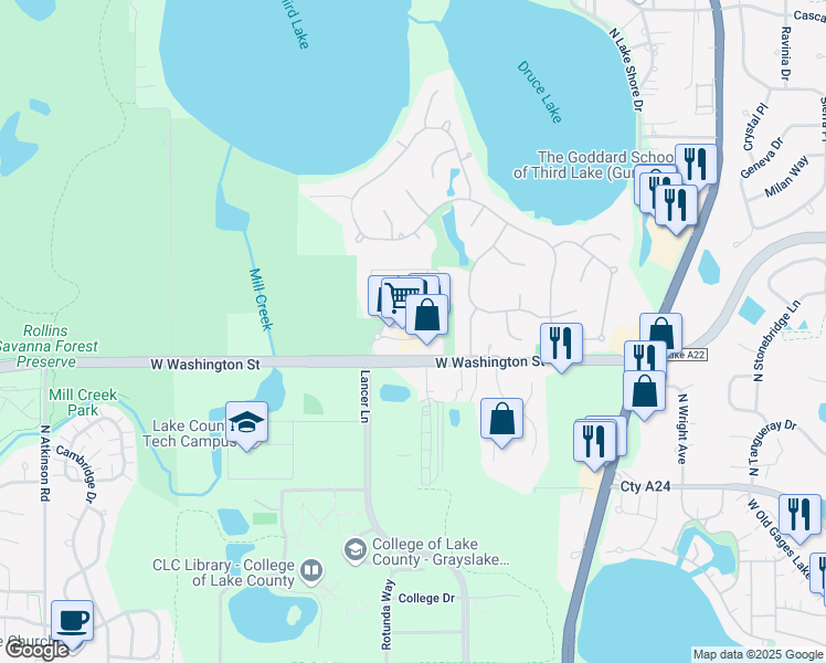 map of restaurants, bars, coffee shops, grocery stores, and more near 1162 East Washington Street in Grayslake