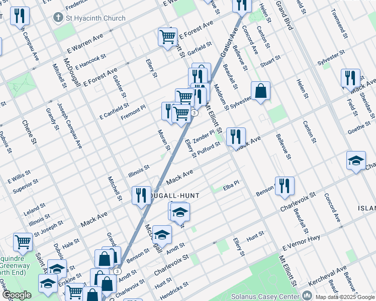 map of restaurants, bars, coffee shops, grocery stores, and more near 3725 Ellery Street in Detroit