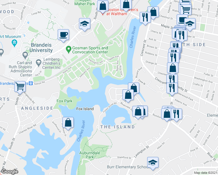map of restaurants, bars, coffee shops, grocery stores, and more near 57 Riverview Avenue in Waltham