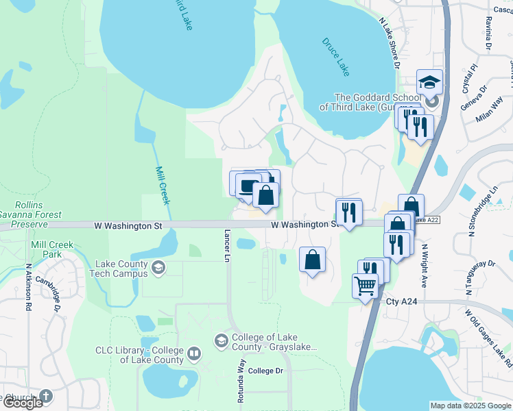 map of restaurants, bars, coffee shops, grocery stores, and more near 1162 East Washington Street in Grayslake