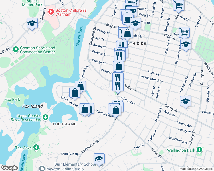 map of restaurants, bars, coffee shops, grocery stores, and more near 15 Norumbega Terrace in Waltham