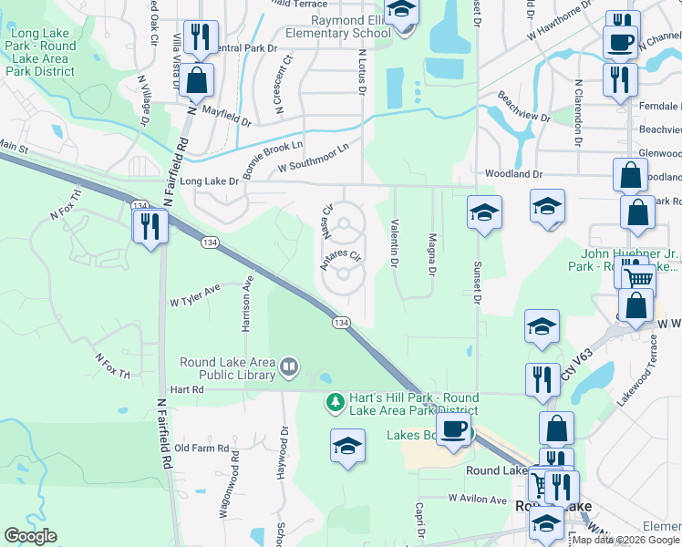 map of restaurants, bars, coffee shops, grocery stores, and more near 103 Antares Circle in Round Lake