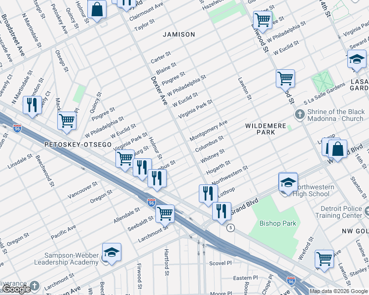 map of restaurants, bars, coffee shops, grocery stores, and more near 8037 Dexter Avenue in Detroit