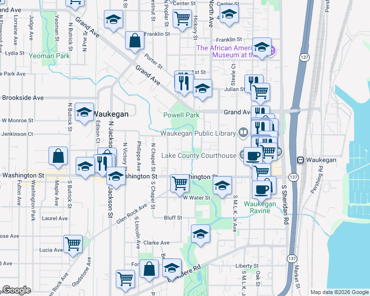 map of restaurants, bars, coffee shops, grocery stores, and more near 111 North Park Avenue in Waukegan