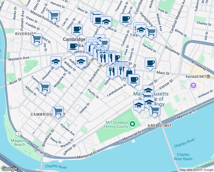 map of restaurants, bars, coffee shops, grocery stores, and more near 38 Sidney Street in Cambridge