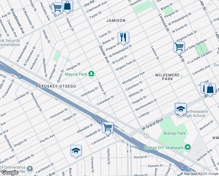 map of restaurants, bars, coffee shops, grocery stores, and more near 3778 Montgomery Avenue in Detroit
