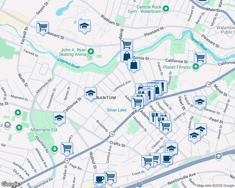map of restaurants, bars, coffee shops, grocery stores, and more near 57 Adams Street in Newton
