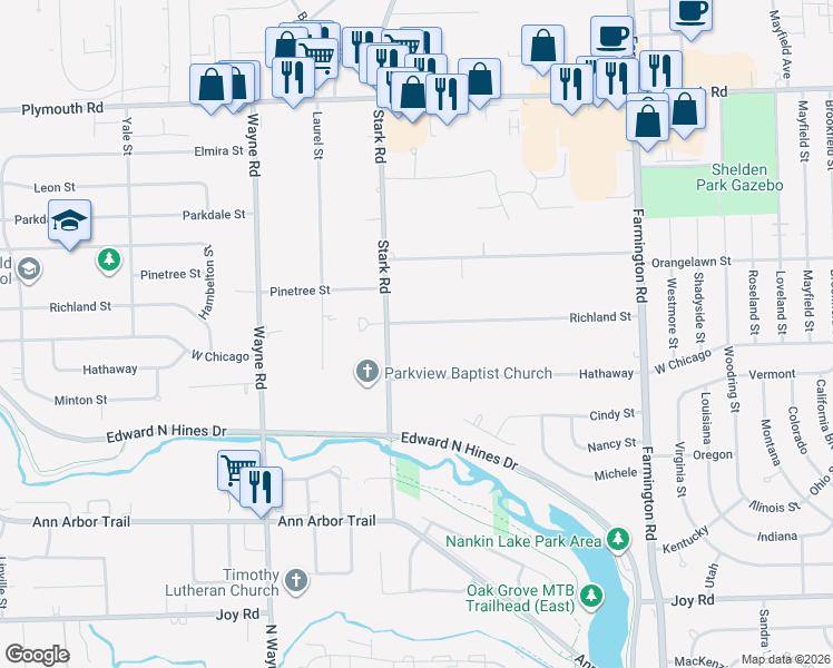 map of restaurants, bars, coffee shops, grocery stores, and more near 34255 Richland Street in Livonia